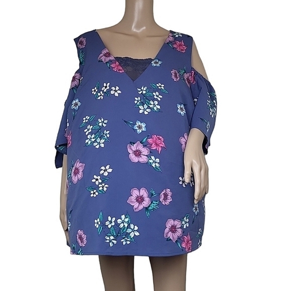 Lane Bryant Womens Cold Shoulder Top  Blue Floral - Picture 1 of 6